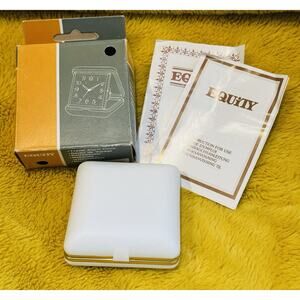 EQUITY Travel Alarm Clock Fold Up Style in Case - Works New Vintage White Gold